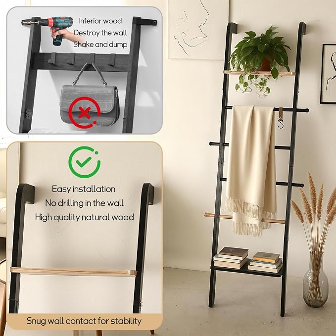 Wooden Ladder with Shelf for Decor, 6-Tier Decor Ladder with Non-Slip Mat & Hooks, Farmhouse Style Leaning Wall Display Holder, Black