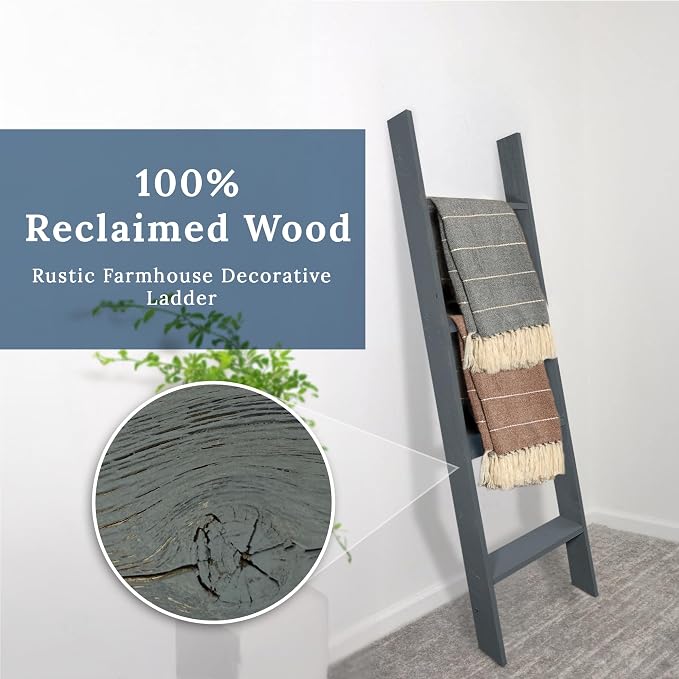 BARNWOODUSA Throw Blanket Ladder – Fully Assembled Reclaimed Wood – Rustic Decorative Ladder for Towels, Quilts, & More – Perfect Decor for Bathroom, Porch, or Living Room,4-foot Slate Blue