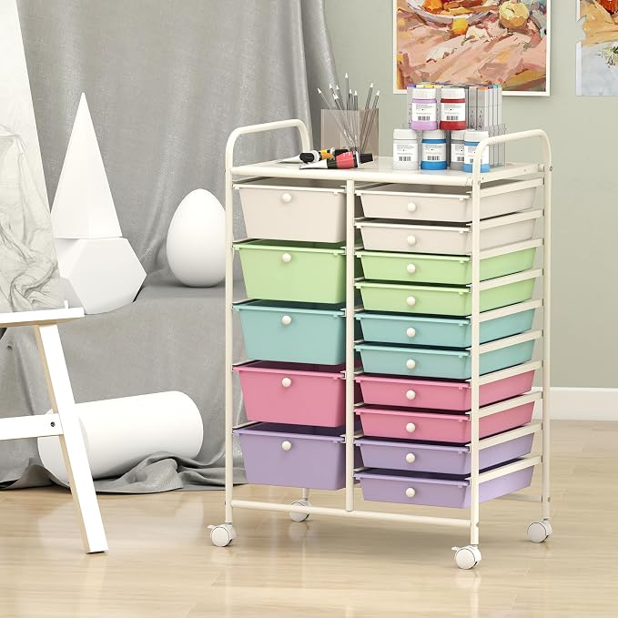 Giantex 15 Drawer Rolling Cart with Drawers, Storage Organizer Cart for Classroom Office School Teacher, Mobile Drawer Cart for Tools, Crafts, Small Printer, Paper, Pastel Ice Cream