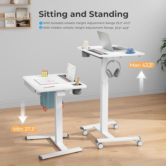 Mobile Standing Desk with Drawer, 28" Rolling Desk with Cup Holder and Hooks, Portable Laptop Cart on Wheels, Height Adjustable Workstation with Storage for Home Office, White