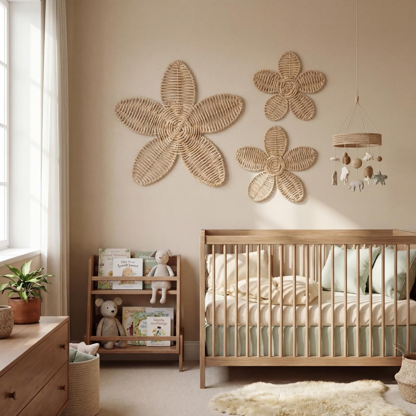 Wesiti 3 Pcs Rattan Flower Wall Decor Boho Daisy Nursery Decoration Woven Rattan Flower Wall Art for Home Nursery Bedroom Farmhouse Decorations Housewarming Gifts