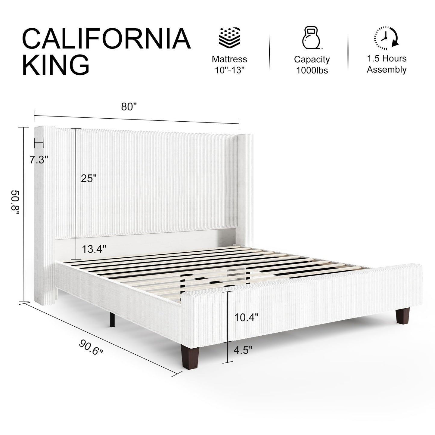 HOWE California King Size Bed Frame with 50.8" Tall Wingback Headboard, Modern Corduroy Upholstered Platform Bed Frame with Solid Wood Slats & Legs, No Box Spring Needed, Noise-Reducing Design, White