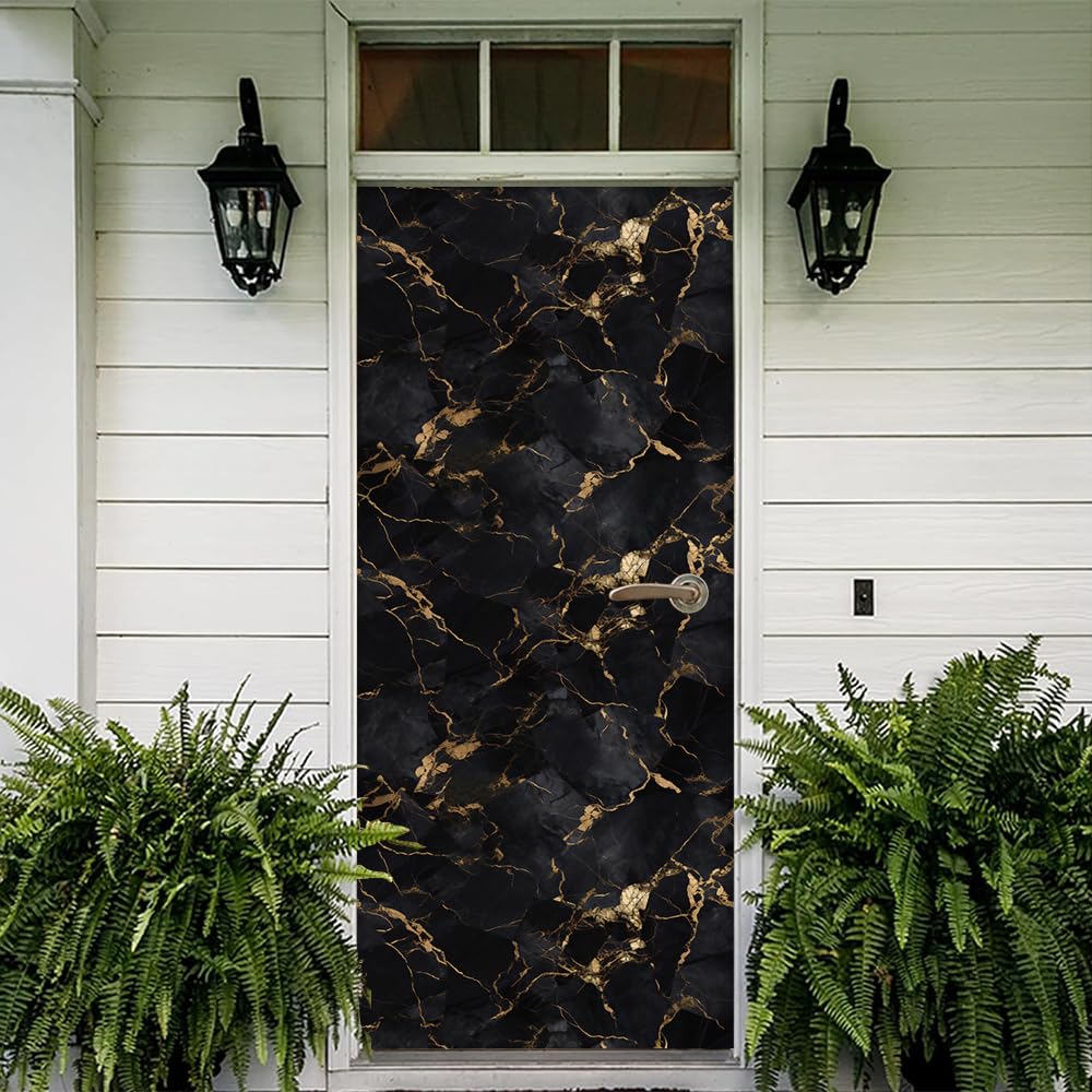 REDAMANCY Modern Black Gold Marble Abstract Peel and Stick Door Stickers Vinyl Mural Decals Decor Modern Wallpaper Self-Adhesive, Waterproof, Removable