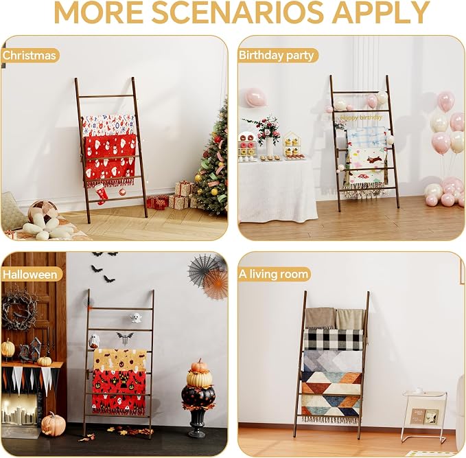 Delywh 6-Tier Wide Double Blanket Ladder Wood, Rustic Decorative Towel Rack for Big Blanket, Towel, Quilt, Clothes, Freestanding Blanket Holder Towel Ladder Decor Stand for Living Room, Bedroom, Brown