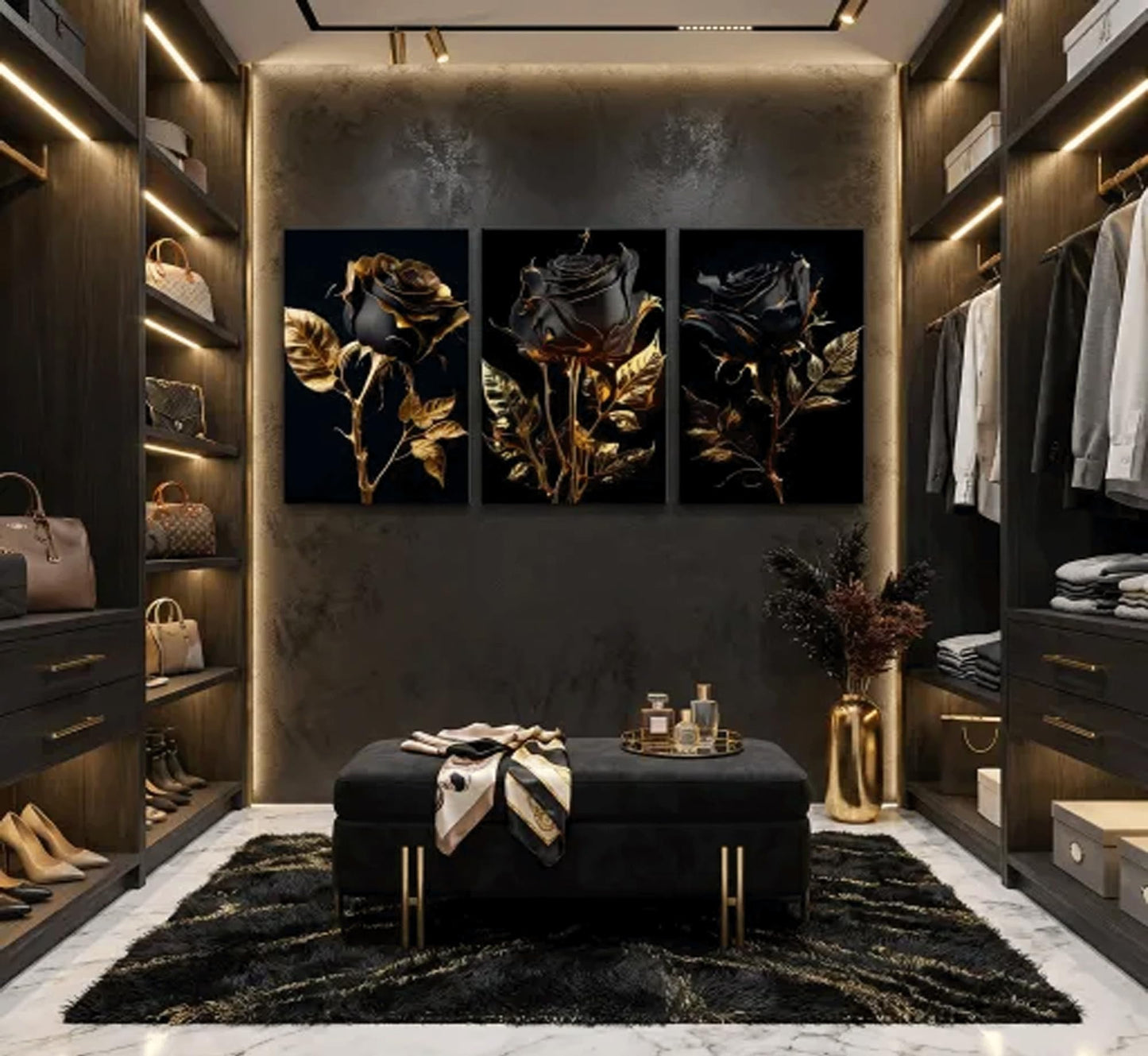 3Pcs Black And Gold Rose Canvas Wall Art Modern Luxury Flowers Pictures Wall Decor Abstract Elegant Rose Dark Posters Prints for Living Room Bedroom Office Bathroom Ready To Hang