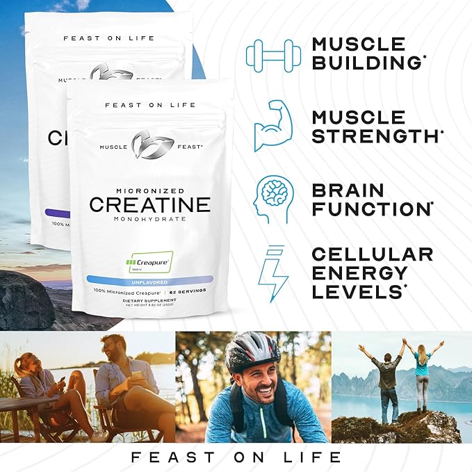 Muscle Feast Creapure - Micronized Creatine Monohydrate Powder | Premium Pre-Workout or Post-Workout | Creatine for Women & Men | Easy to Mix, Vegan, Gluten-Free, Safe and Pure (Unflavored, 250g)