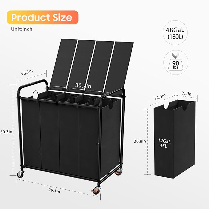 Laundry Sorter 4 Sections 48 Gal, Rolling Laundry Basket with Lockable Wheels and Lid, Laundry Hamper with 4 Separated Removable Bags Dirty Clothes Hamper for Laundry Room Organizer, Black