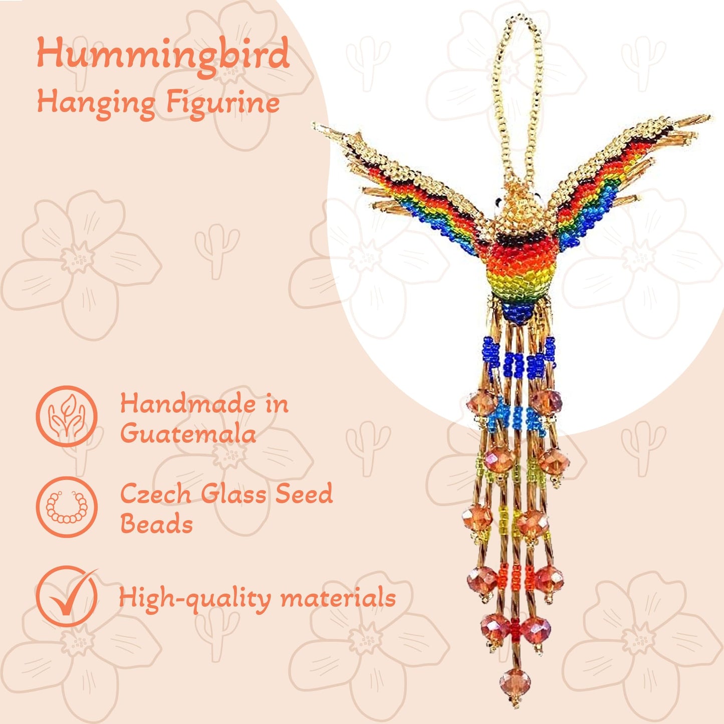 Spirit of Nature - Hummingbird Decor Hanging Figurine | Bird Figurines Home Decor | Ornament Czech Glass Seed Bead Decorative Hanging Ornaments - Handmade Decoration (Gold/Rainbow)