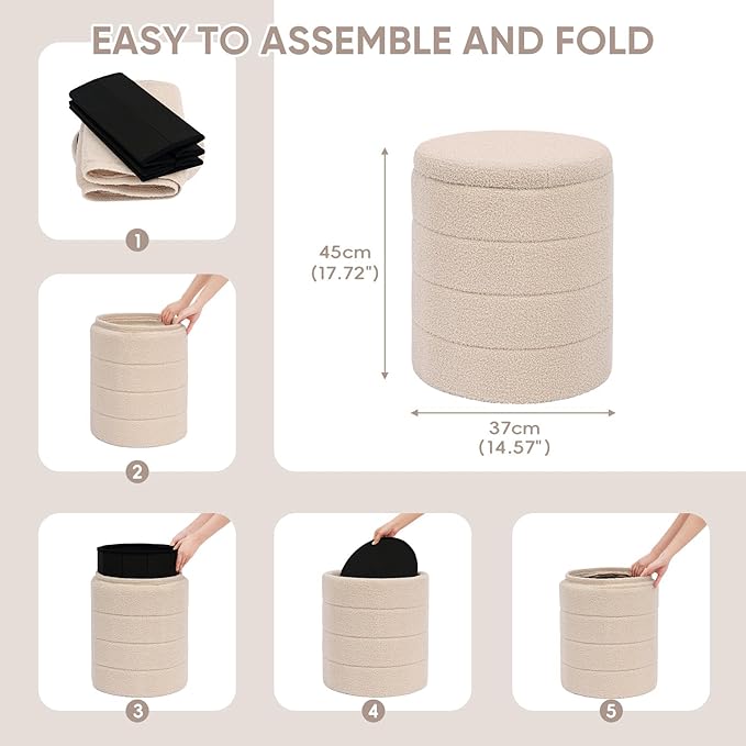 PINPLUS Round Storage Ottoman Foot Rest Stool with Tray Velvet Sherpa Folding Storage Ottoman,Boucle Foot Rest for Living Room, Bedroom, Dorm（Beige）