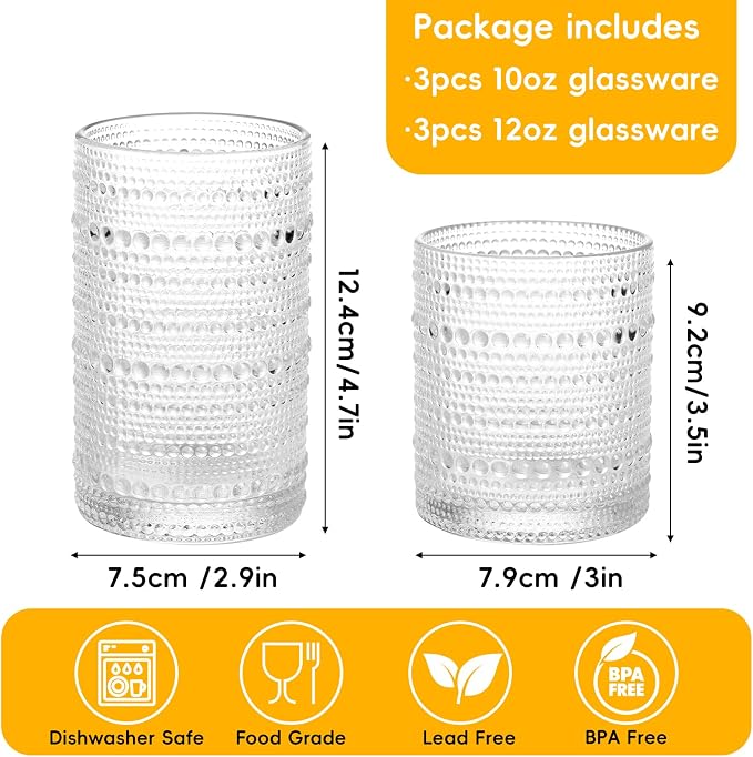 Moretoes Kitchen Hobnail Drinking Glasses Set of 6, 12 Oz Highball Glasses & 10 Oz Cocktail Glasses, Clear Embossed Boho Glass Cups Kitchen Bar Tumbler Glassware Set for Whiskey, Beer, Juice, Milk