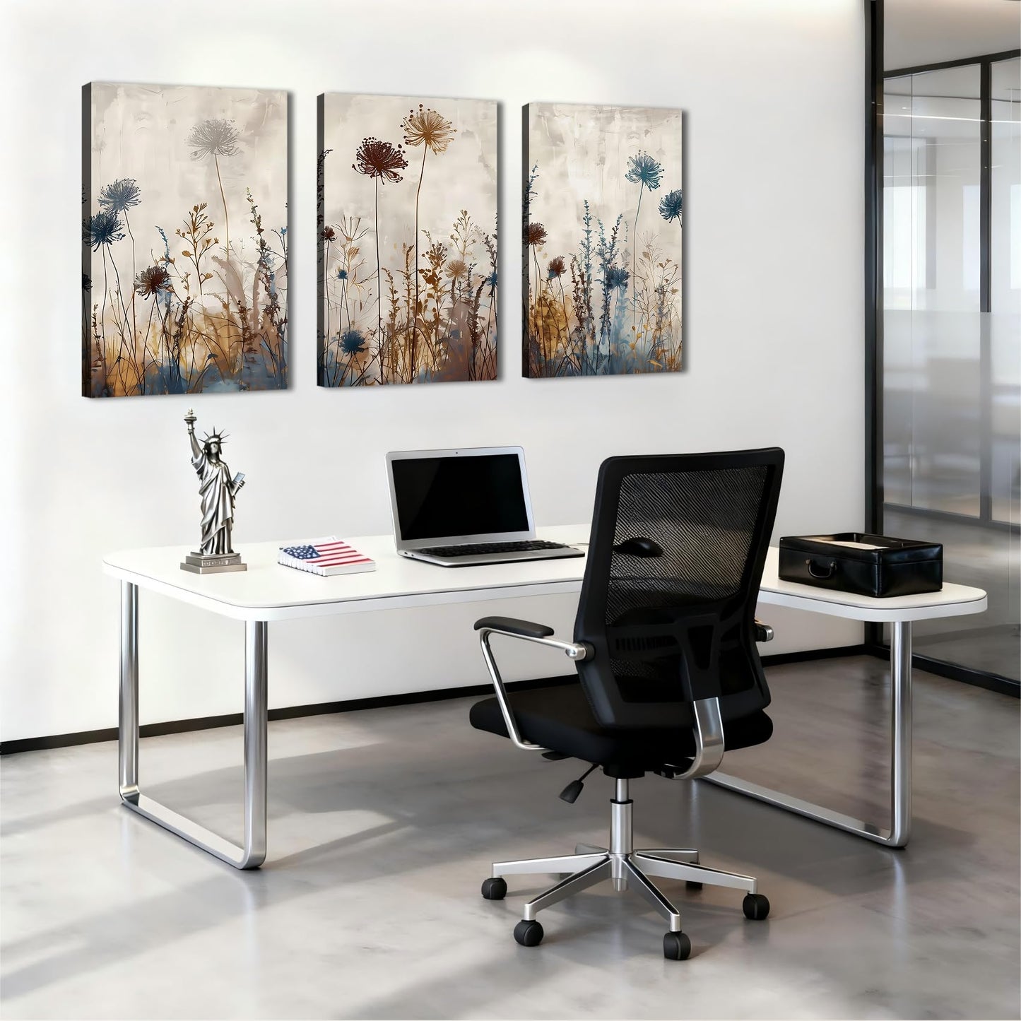 Framed Triptych Floral Canvas Prints Pictures for Bathroom Entryway, Abstract Neutral Wildflower Poster Wall Art, Minimalist Wall Decor, Made in USA for Office Living Room