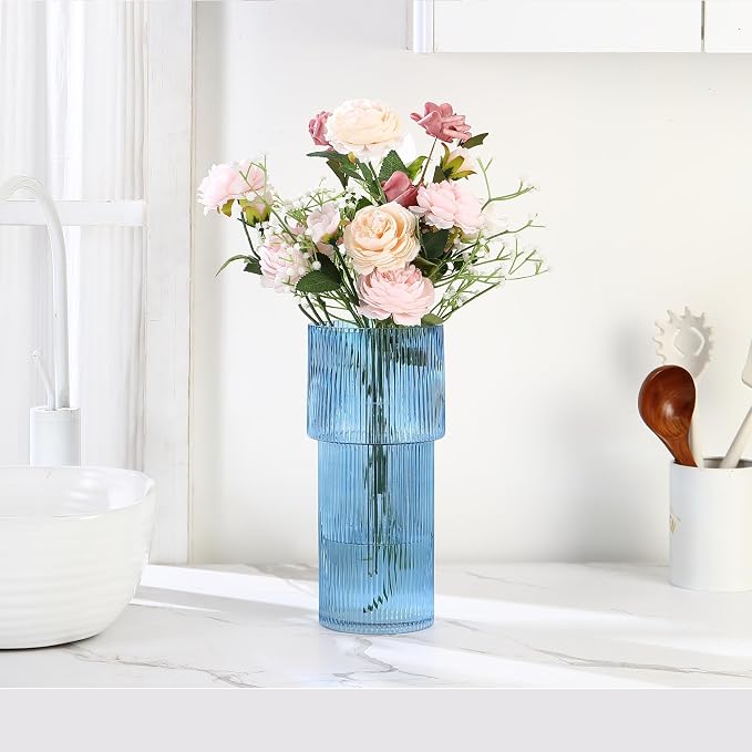 Large Glass Vase, 12 Inches Tall Vase for Flowers, Blue Flower Vases for Bouquet, Modern Blue Glass Vases for Living Room, Dining Table, Office, Entryway, Mantle, Shelf, Wedding Gifts