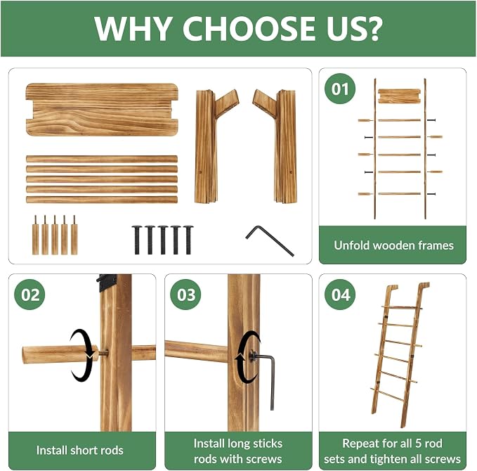 67" Wooden Blanket Ladder with Shelf and Hooks, 6-Tier Blanket Ladder for Living Room, Wall-Leaning Towel Ladder and Quilt Rack Storage, Farmhouse Decor Ladder for Display