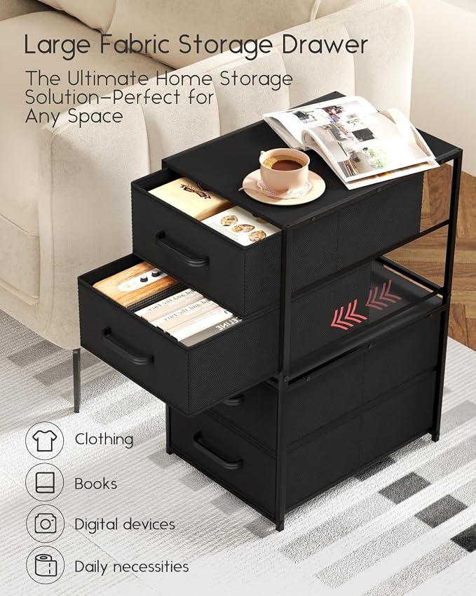 Homsorout Stackable Storage Drawers - 2 Tier Closet Organizer with Metal Handles, Fabric Dresser with Collapsible Bins for Bedroom, Dorm, Office, Black, 2 Pack