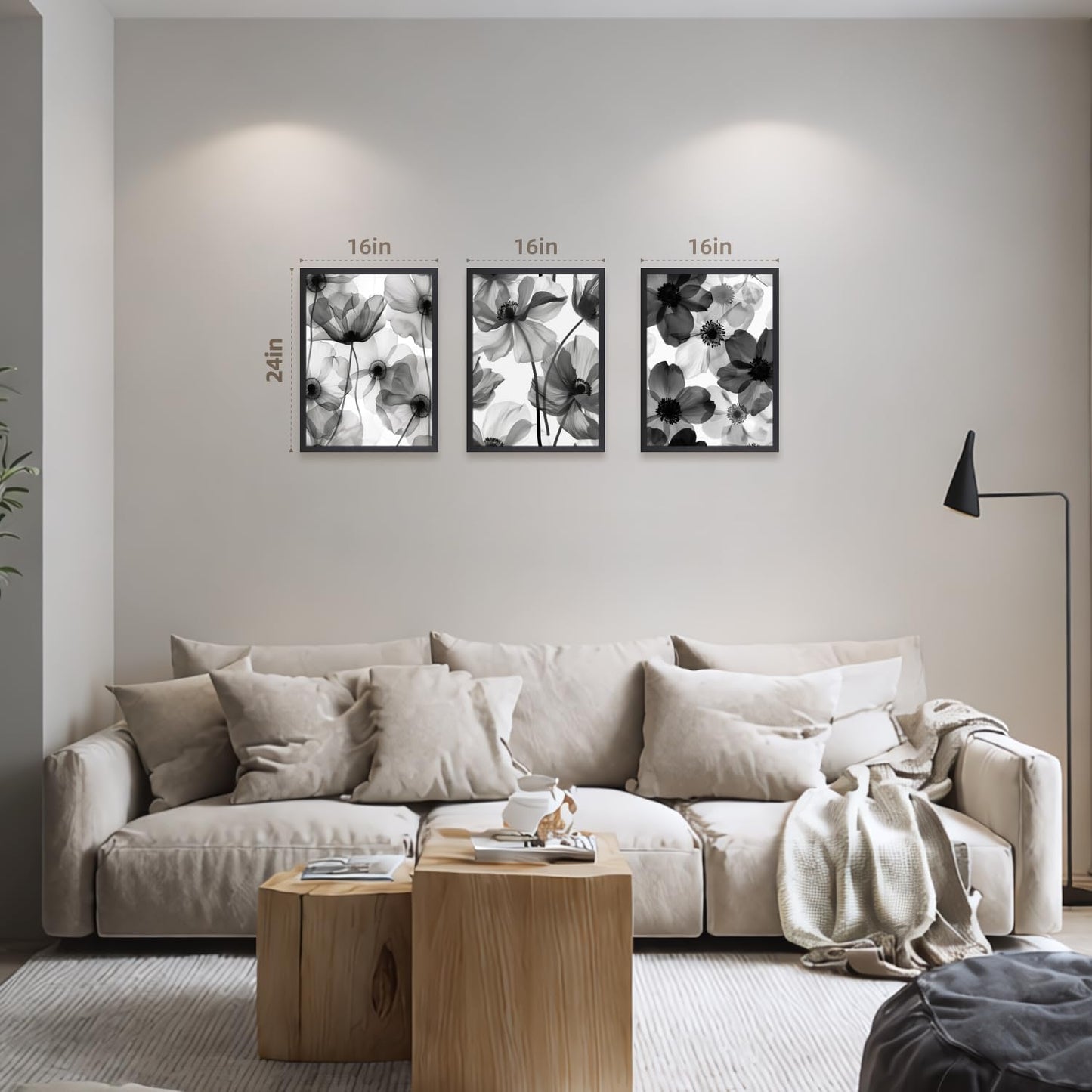 EisEver Black and White Floral Wall Art Set of 3, Neutral Minimalist Bathroom Decor, Modern Flower Canvas Prints, Elegant Nature Botanical Artworks for Bedroom Living Room Wood Framed 12x16 inch