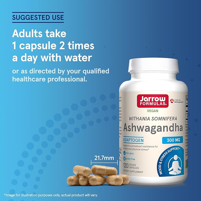 Jarrow Formulas® Ashwagandha Capsules, 300 mg Supplement Supports Normalized Resistance to Mental and Physical Stress, 120 Veggie Capsules, 60 Day Supply