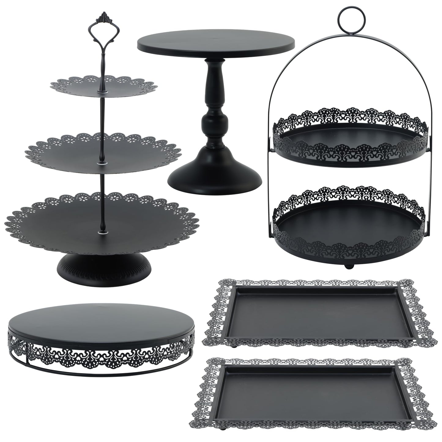 6 Pcs Black Cake Stands Set, QENUIITEA Cake Display Pedestal Tiered Cupcake Holder Dessert Plate Serving Tower Tray Decorative for Wedding Birthday Party Baby Shower Celebration