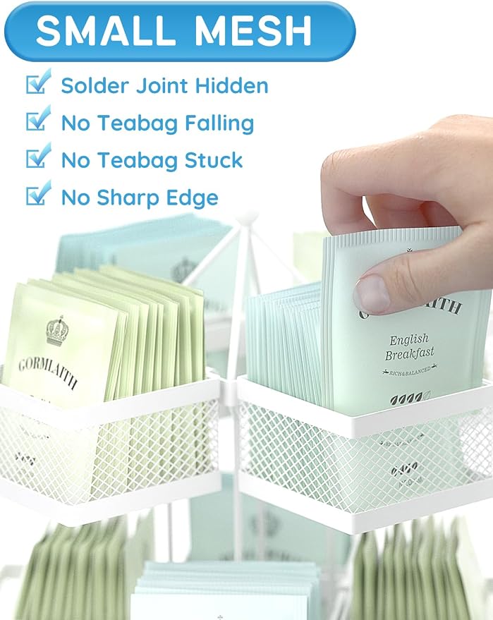 Tea Bag Organizer, Tea Bag Storage Holder Spinning Carousel 96 Teabags Container, Lazy Susan Coffee Creamer Sweetener Tea Caddy for Kitchen Counter Cabinet Pantry Shelf Organizer