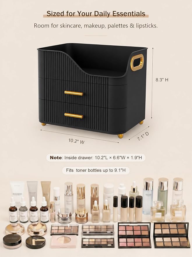 Booklov Countertop Makeup Organizer with Drawers, 3 Tier Large Cosmetic Storage Box for Vanity, Bathroom Counter, Dresser, Skincare Display Case for Lipsticks, Beauty Palettes, Teen Girl Gifts, Black