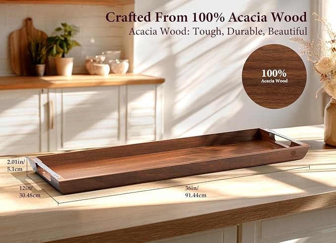 Large Acacia Wood Serving Tray with Metal Handles - 36" Long Charcuterie Board for Cheese, Meat & Appetizers - Perfect for Kitchen, Entertaining, Gatherings & Home Decor