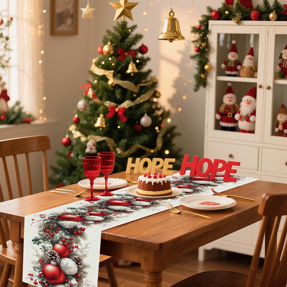 Christmas Table Runner, Seasonal Winter Kitchen Table Decoration, Suitable for Winter Christmas Family Gathering Indoor 13x72 inches (13x72 inches, Red and White Bell)