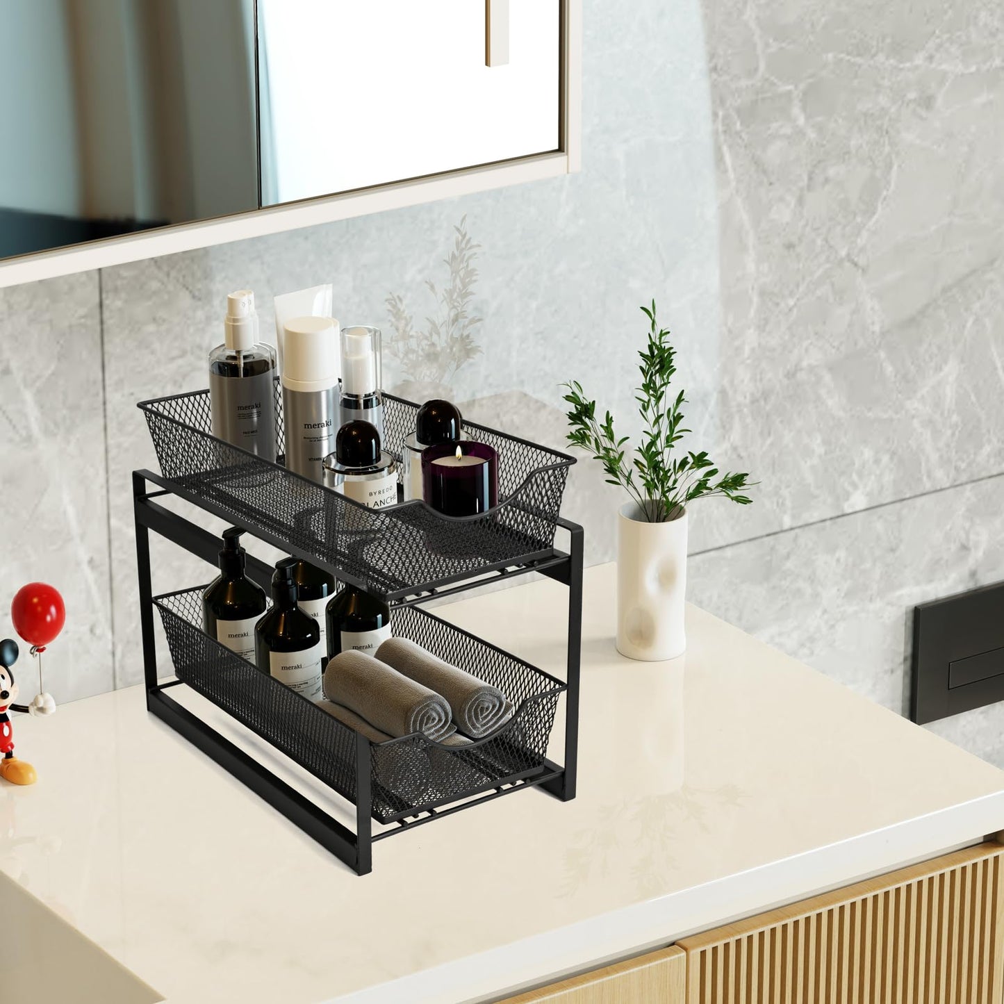 IBERG 2 Tier Bathroom Organizer with Pull Out Drawer, Under Sink Storage Organizer for Kitchen Cabinet, Metal Sliding Basket (Black)