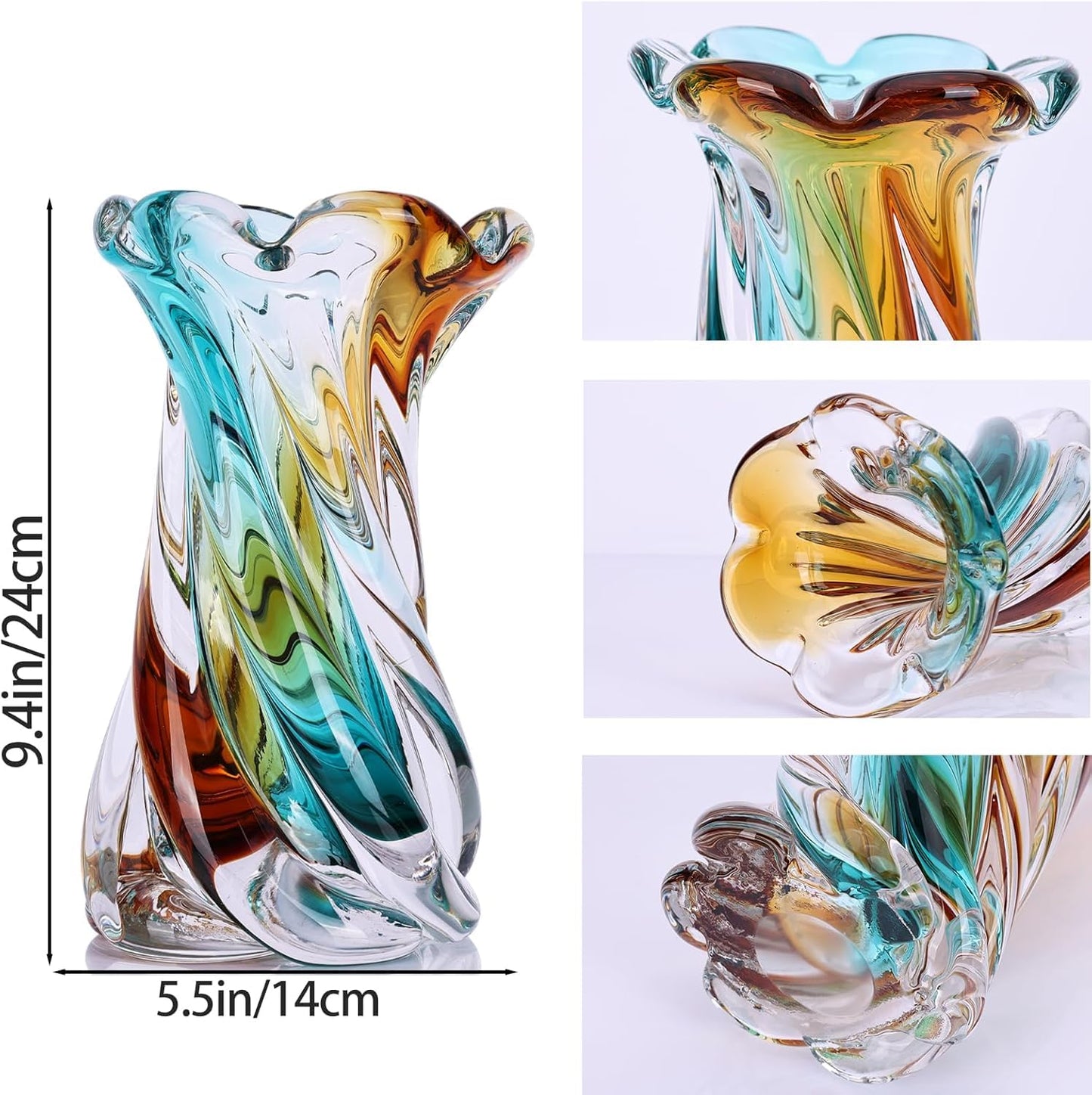 Hand Blown Glass Vase with Swirl Ribbon Design, Flared Opening for Flower Arrangements, Decorative Centerpiece for Home Decor, Birthday Housewarming Gift (Blue)