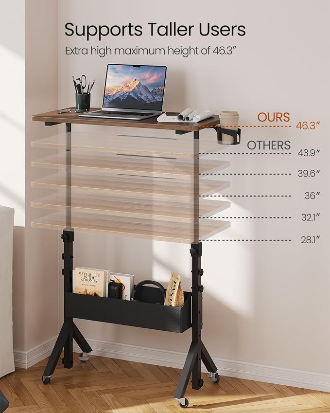 ErGear Mobile Standing Desk with Wheels, Adjustable Height 28.3″ to 46.1″, Rolling Laptop Cart with Cup Holder, Storage Basket, Computer & Pen Slot, Home Office Stand Up Desk, Walnut (31.5″ x 15.75″)