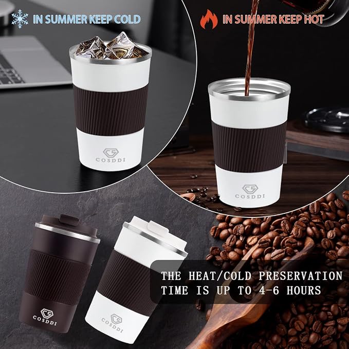 CS COSDDI 12 oz Stainless Steel Vacuum Insulated Tumbler - Coffee Travel Mug Spill Proof with Lid - coffee Cup for Keep Hot/Ice Coffee,Tea and Beer (3rd White)