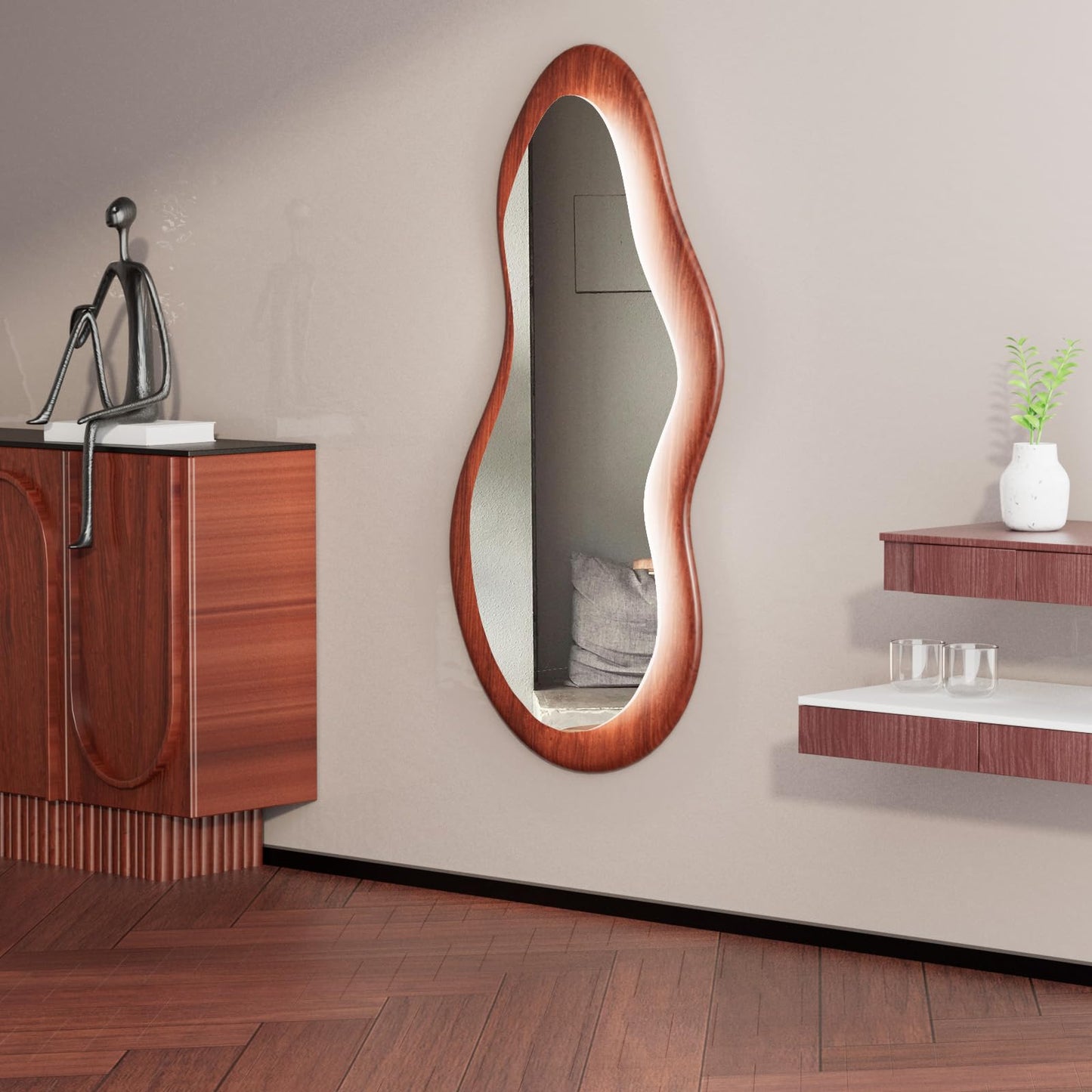 osemy 48"x 24" LED Wood Full Length Mirror with Lights Irregular Wavy Full Body Mirror Shatter-Proof Hanging/Leaning Wall Mounted Walnut Wooden Framed for Dressing Bedroom Living Room