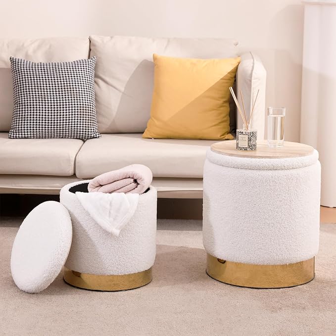 Round Ottoman with Storage Set of 2 Vanity Chair Small Ottoman Coffee Table, Foot Stool, Removable Lid, for Living Room, Bedroom, Hallway, Assembly Free (Sherpa White)