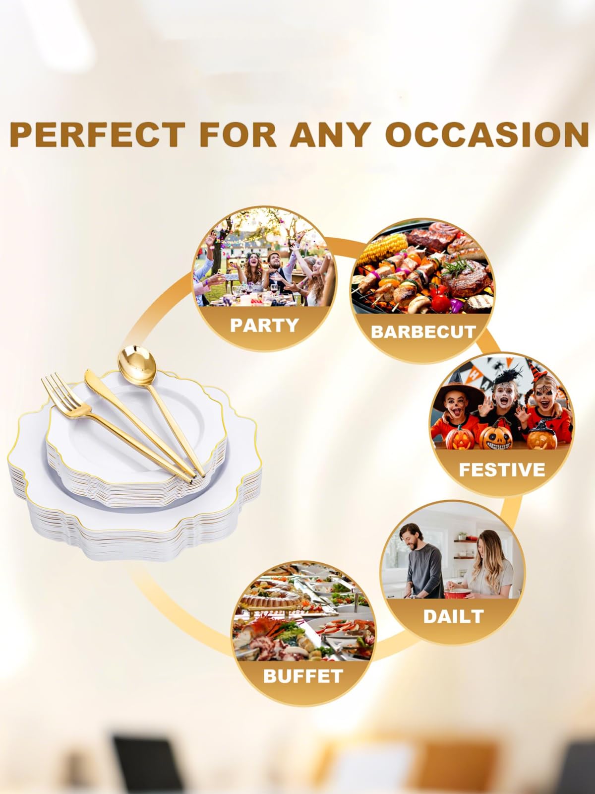 WDF 175Pcs Gold Plates Disposable - White and Gold Plastic Plates 25guest Plastic Dinnerware Ideal for Party/Wedding/First Communion/Spring/Mother's Day
