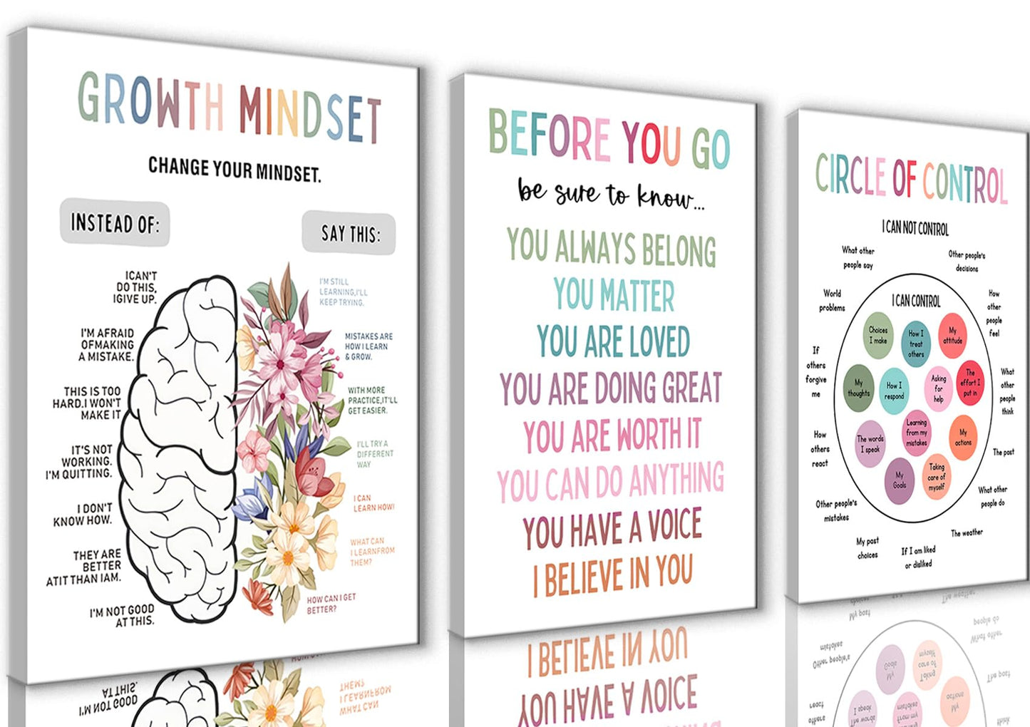 3Pcs Mental Health Wall Art Motivational Wall Decor For Therapy Office,Change Your Mindset Change Your Life Canvas Print Painting Picture for Classroom,Home,Growth Mindset Gift 12x16in Framed