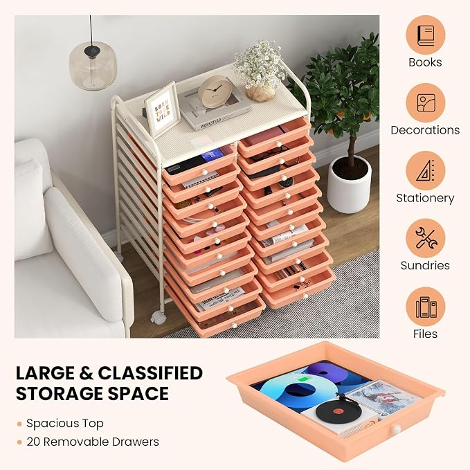 COSTWAY 20-Drawer Rolling Storage Cart, Utility Storage Organizer Cart for Tools, Scrapbook, Paper, Craft, Multipurpose Storage Trolley on Wheels for Home Office School, Peach