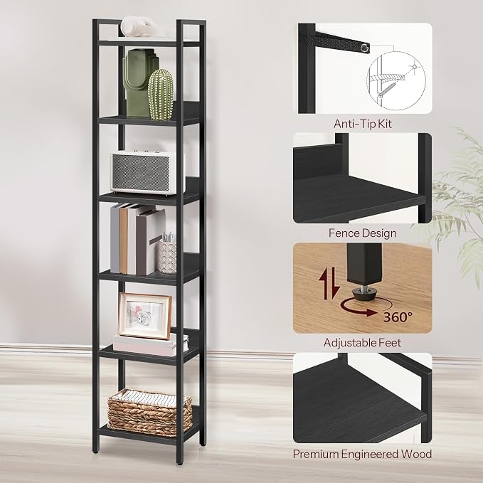 MAHANCRIS Bookshelf, 6-Tier Bookcase, Standing Book Shelf for Small Space, Storage Shelf Organizer, for Living Room, Bedroom, Study, Balcony, Black BKHB6601