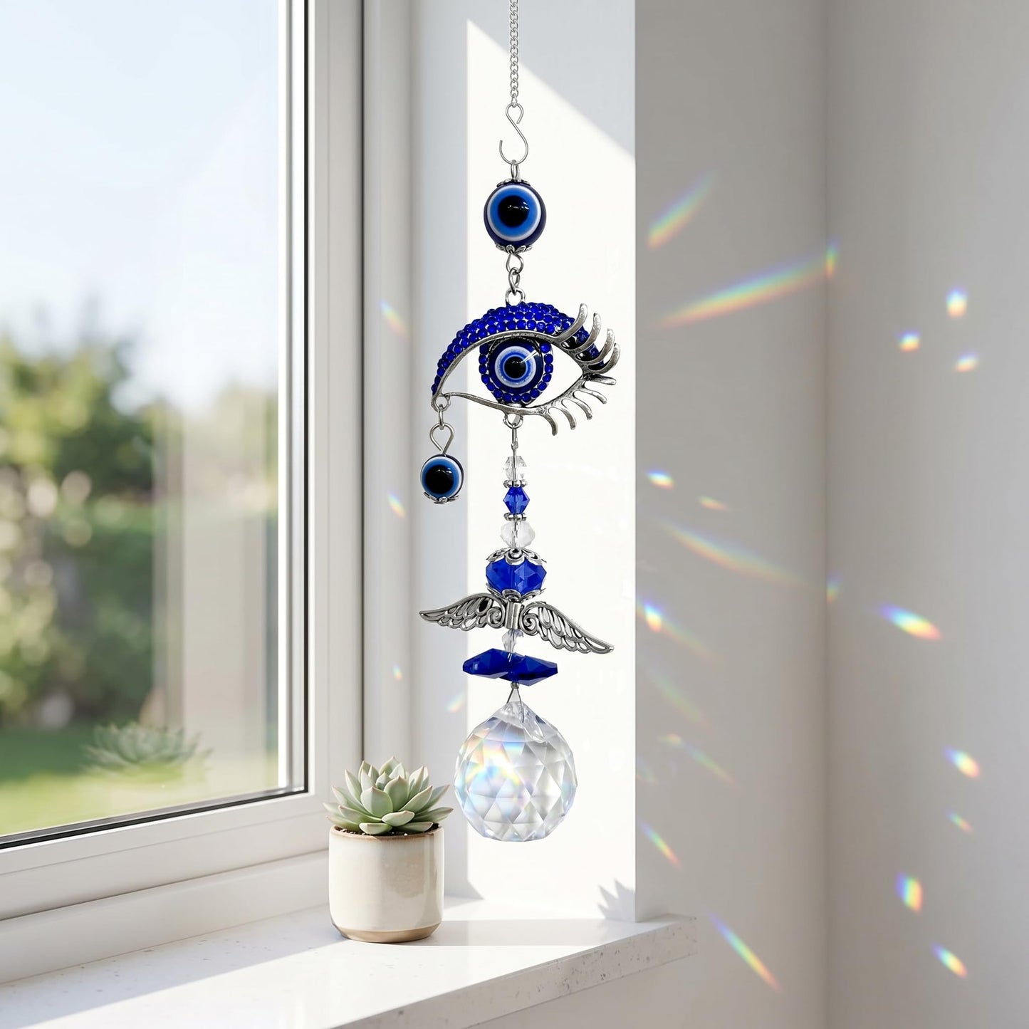 Crystal Suncatcher for Windows - Hanging Prism Sun Catchers with Crystal Balls&Blue Eye, Rainbow Maker for Home、 Garden、Car Decor (Evil Eye)