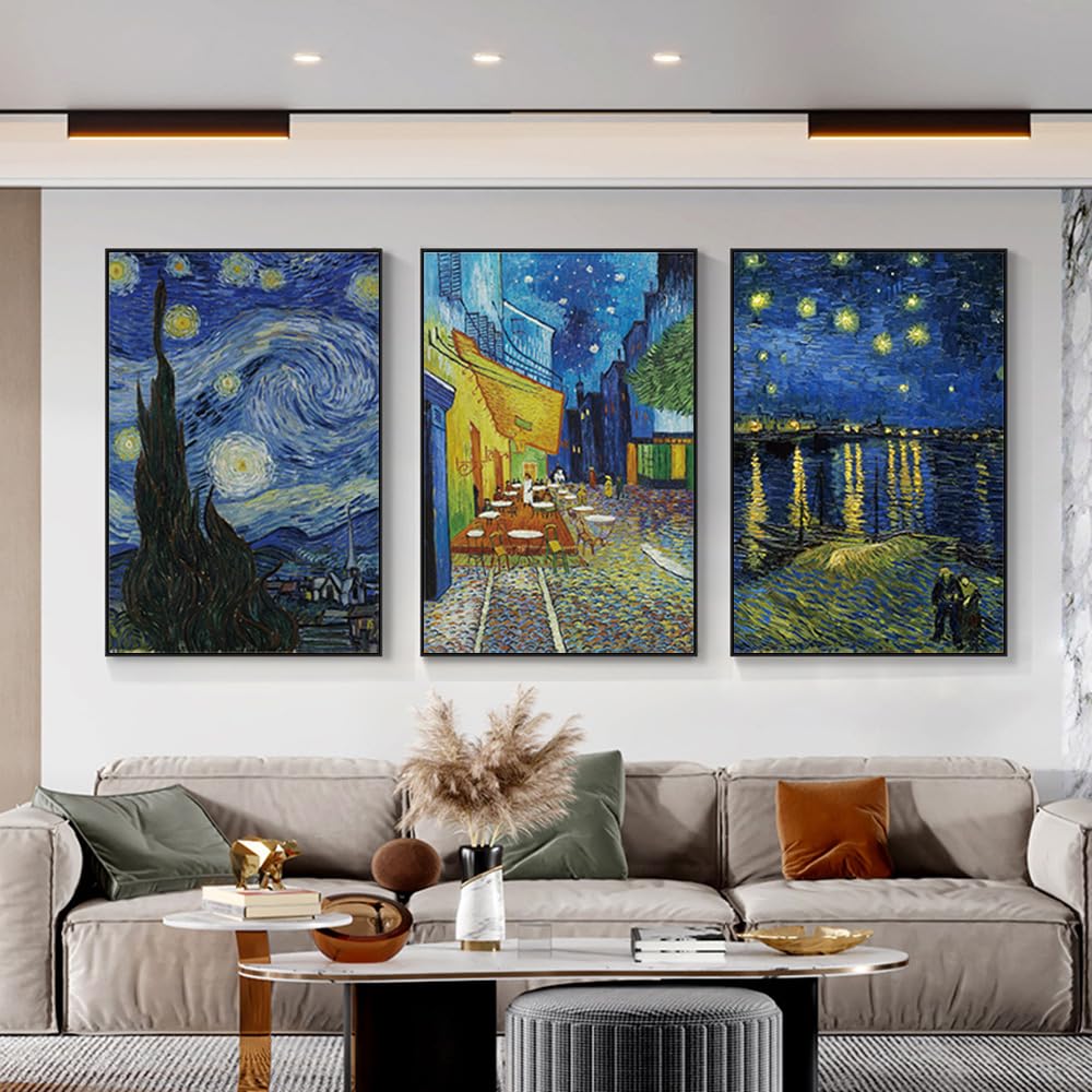 ARTFEB Large Framed Blue Wall Art,Starry Night Vincent Van Gogh Art Reproduction,Impressionism Aesthetic Canvas Prints Artwork,Giclee Canvas Wall Art Stretched and Framed for Living Room Home Office