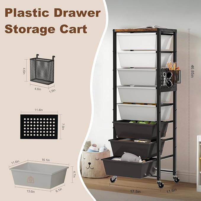 Rolling Cart with Drawers, Rolling Storage Cart with Large Plastic Drawers & Wooden Tabletop, Utility Cart with Pegboards & Basket, Storage Drawers Cart for Living Room, Classroom, Bedroom, Office