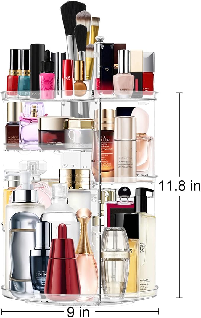 Makeup Organizer 360 Degree Rotating Cosmetic Organizer DIY Adjustable Makeup Carousel Spinning Holder Rack, Large Capacity Cosmetic Storage Box Makeup Brushes Organizer for Vanity Countertop (Clear)