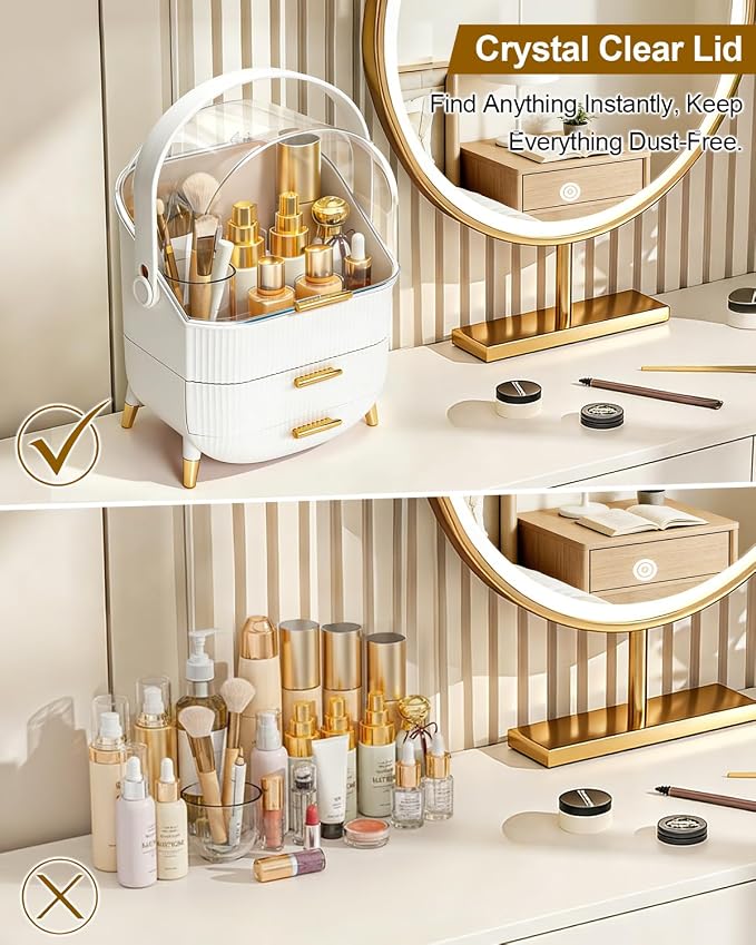 Makeup Organizer with Drawers & Lid - Portable Large Cosmetic Storage Case for Vanity Countertop, Travel, Gift for Women, Girls, 11"×7"×15", White