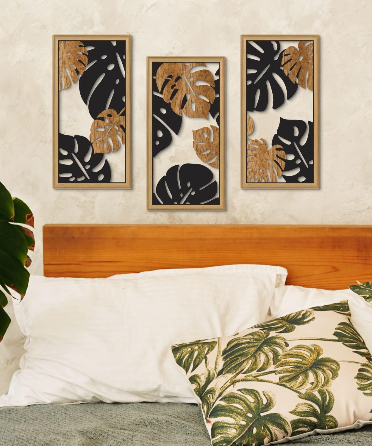 Putuo Decor Monstera Leaf Wall Art, Set of 3 Tropical Plant Aesthetic Boho Decor, Modern Black Botanical Art for Living Room Bedroom Office 16x8 Inches