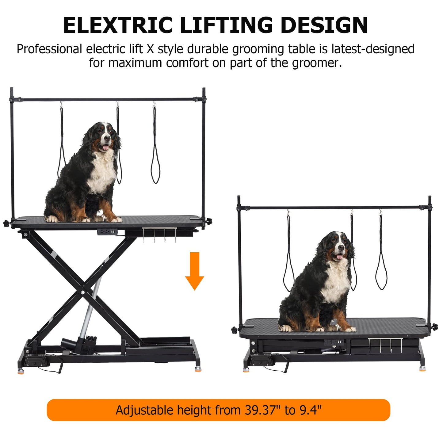 Towallmark Electric Dog Grooming Table, Height Adjustable Large Pet Anti Slip Desktop, Foldable Bathing Desk with Overhead Arm, Hooks & 3 Nooses, Maximum Capacity Up to 264.5Lbs, Balck