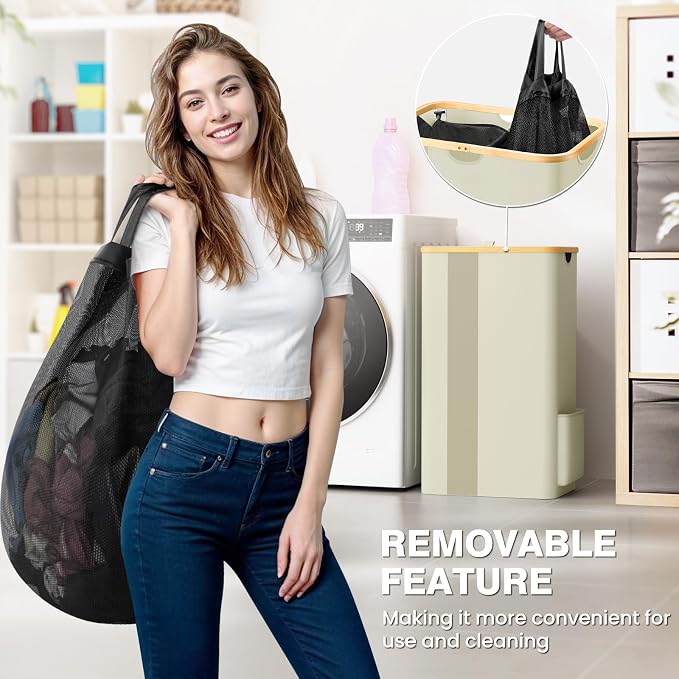 BlissTotes Laundry Basket with Lid, 100L Clothes Laundry Hamper with Handles and Removable Laundry Bag, Breathable Design Hamper with Lid for Bedroom, Bathroom, Dorm, Laundry Room - Beige
