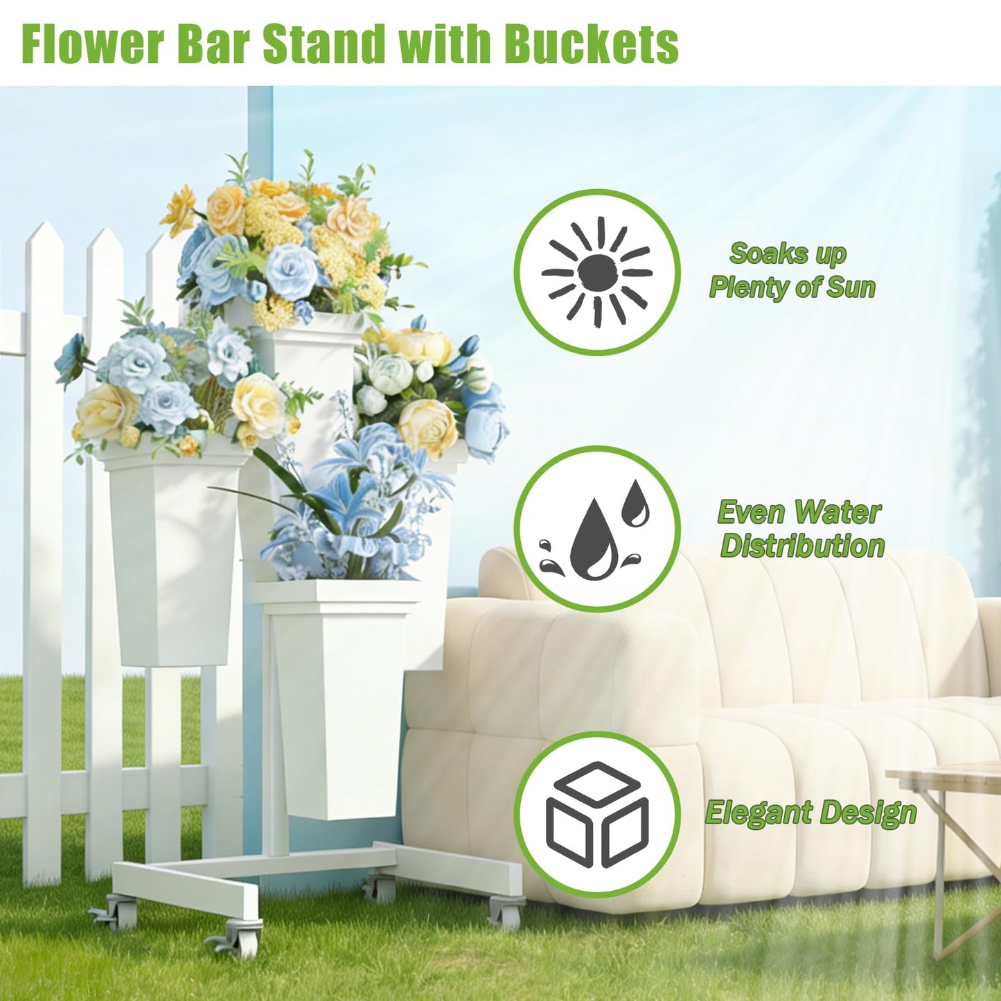 aboxoo Flower Display Stand with Buckets, Sturdy Flower Cart with Wheels, Metal Bouquet Bar for Wedding, Party, Patio, Bridal Shower