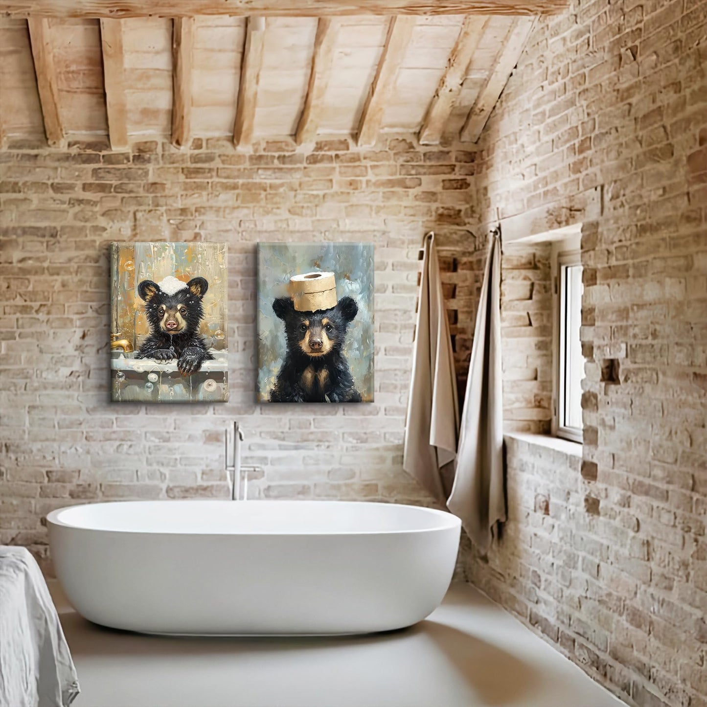 BHSUUHIT 2 Pcs Bear Bathroom Wall Art Funny Bathroom Animal Pictures Prints Black Bear With Paper Wall Decor Sitting in Bathtub Canvas Cute Humorous Posters Ready to Hang Home Decor(12x16in Canvas)