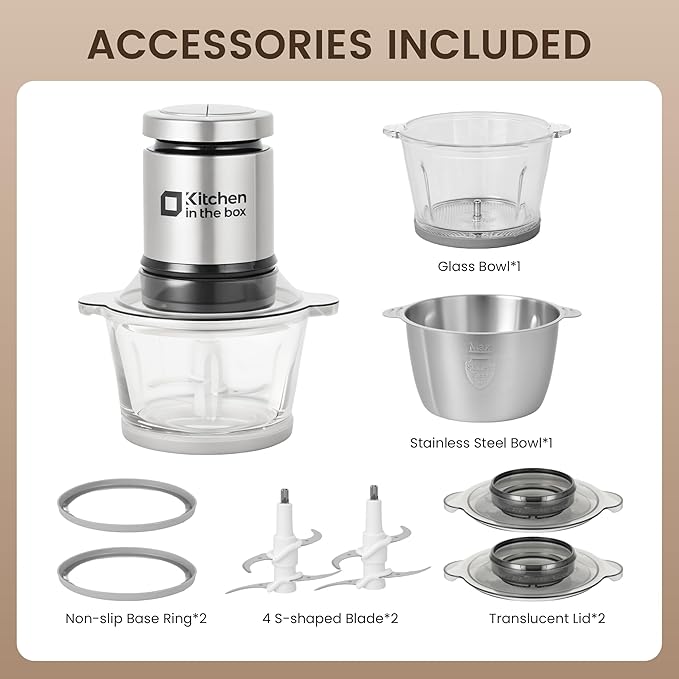 Kitchen in the box Food Processor, Electric Meat Grinder & Food Chopper with 400W Powerful Veggie Chopper-2 Bowls（8 Cup+8 Cup） & 2 Bi-Level Blades for Meat/Fish/Vegetable/Baby Food（Black Button）
