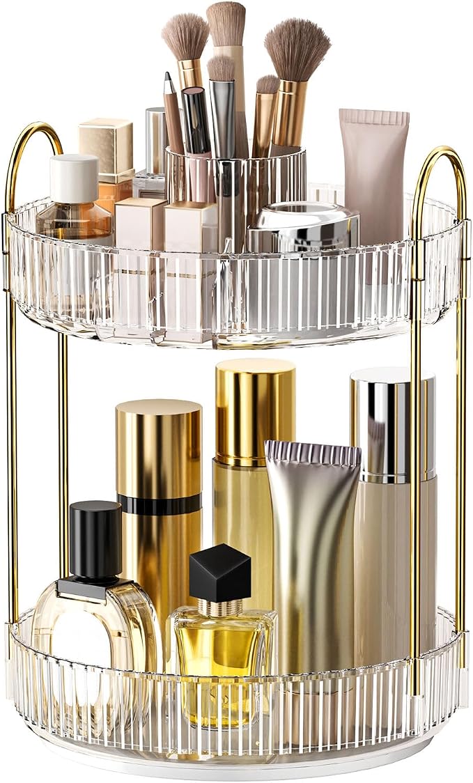 360° Rotating Makeup Organizer, Large-Capacity Skincare Make Up Storage 2 Tier Perfume Organizers Cosmetic Dresser Organizer with Makeup Brush Holder, Fits Bedroom, Bathroom, Vanity Shelf Countertop