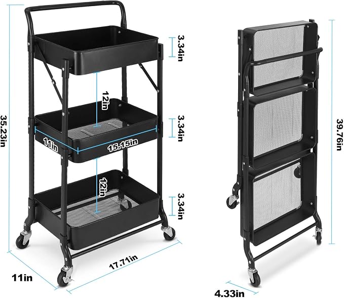 Foldable 3 Tier Metal Utility Rolling Cart, Folding Mobile Multi-Function Storage Trolley Organizer Cart for Home Library Office(Black)