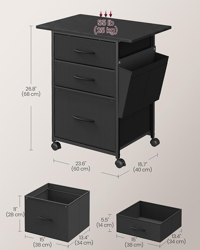 VASAGLE 3-Drawer File Cabinet, Mobile Printer Stand with Storage, Filing Cabinet for A4 Letter Size, Side Pockets, 23.6 x 15.7 x 26.8 Inch, Ink Black, Bellah Collection UOFC201BC01
