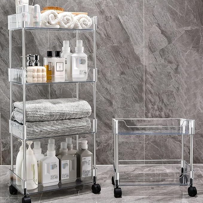 Betoveren 2 Tier Utility Rolling Cart Storage Organizer with Wheels Under Desk Mobile Bathroom Cart Organizer for Office Bathroom Home Kitchen Organization Transparent (Width 8.85 Inches)